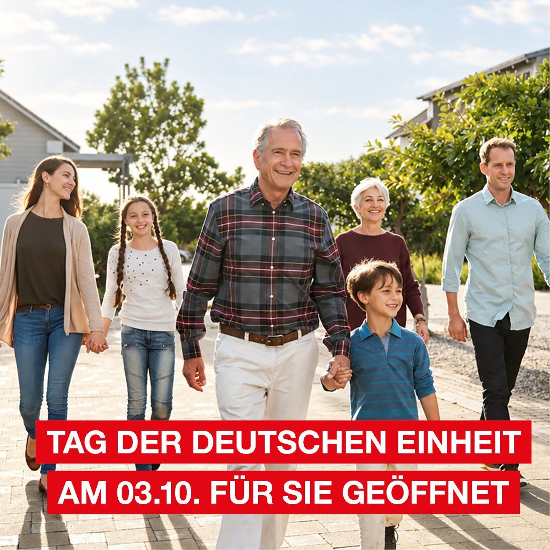 Eine lächelnde Familie, bestehend aus Eltern, Großeltern und zwei Kindern, gehen einen von Bäumen und Häusern gesäumten Weg entlang.