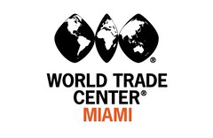 World Trade Center Miami-Logo mit drei Globus-Symbolen über dem Text in Schwarz und Orange.