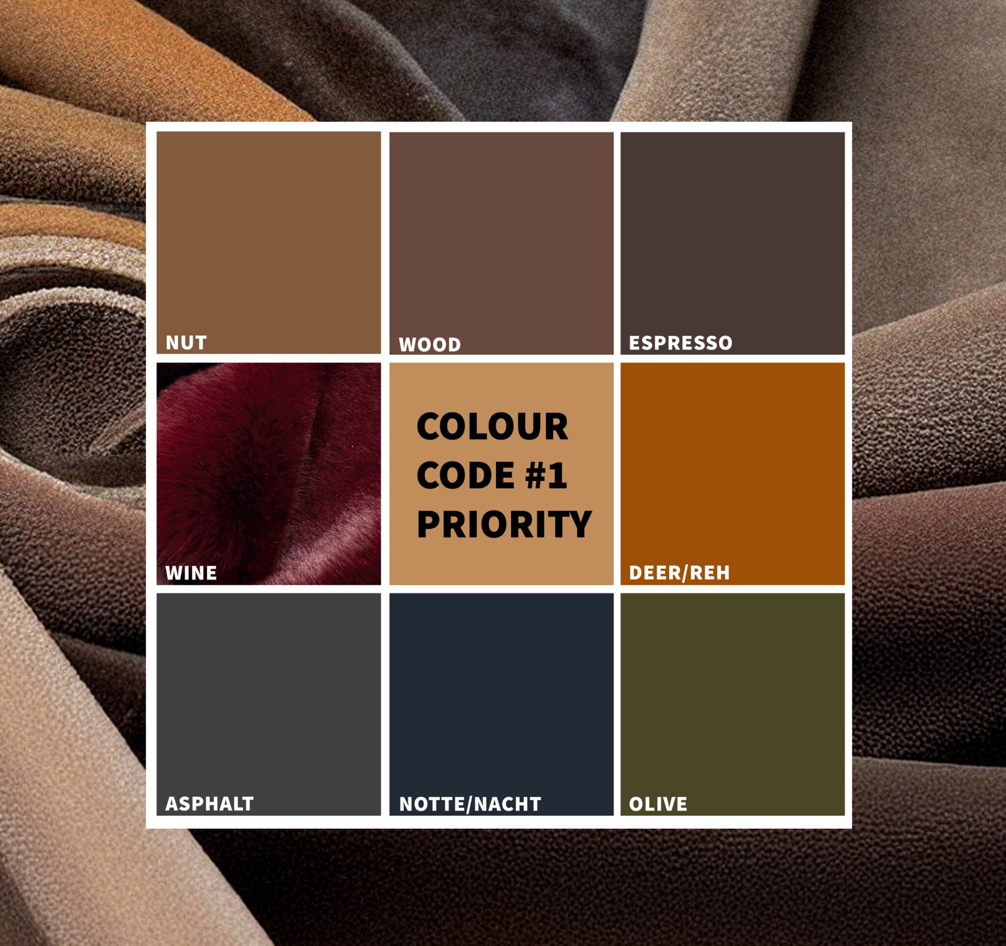 Ein 3x3-Farbpalettenraster mit beschrifteten Stoffmustern: Nuss, Holz, Espresso, Wein, Priorität, Reh/Reh, Asphalt, Notte/Nacht, Olive.