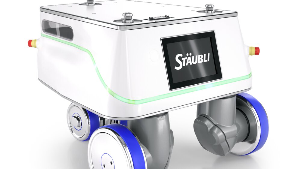 Elegant white robot vehicle with blue accentuated wheels and a digital display on the front.