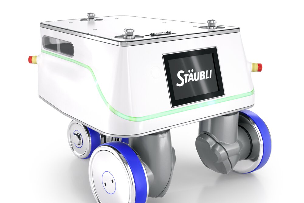 Elegantes weißes Roboterfahrzeug mit blau akzentuierten Rädern und einer digitalen Anzeige auf der Vorderseite.