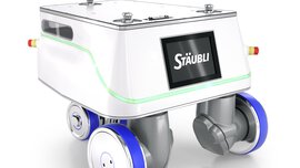 Elegantes weißes Roboterfahrzeug mit blau akzentuierten Rädern und einer digitalen Anzeige auf der Vorderseite.