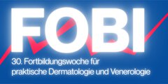 Großer FOBI-Text mit rotem Liniendiagramm und deutschen Veranstaltungshinweisen für die Ausbildung in Dermatologie und Venerologie.