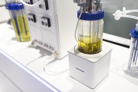 Laboraufbau mit einem Glasbehälter, der mit gelber Flüssigkeit gefüllt ist und mit einem Gerät verbunden ist.