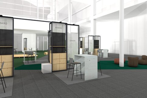 Rendering of a compact shared exhibition stand with modern exhibitor spaces, meeting tables, and open networking areas at electronica.