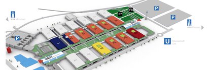 Illustrated map of transport logistic 2023, with legend for the various event locations in the color-coded halls.