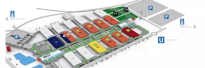 Illustrated map of transport logistic 2023, with legend for the various event locations in the color-coded halls.