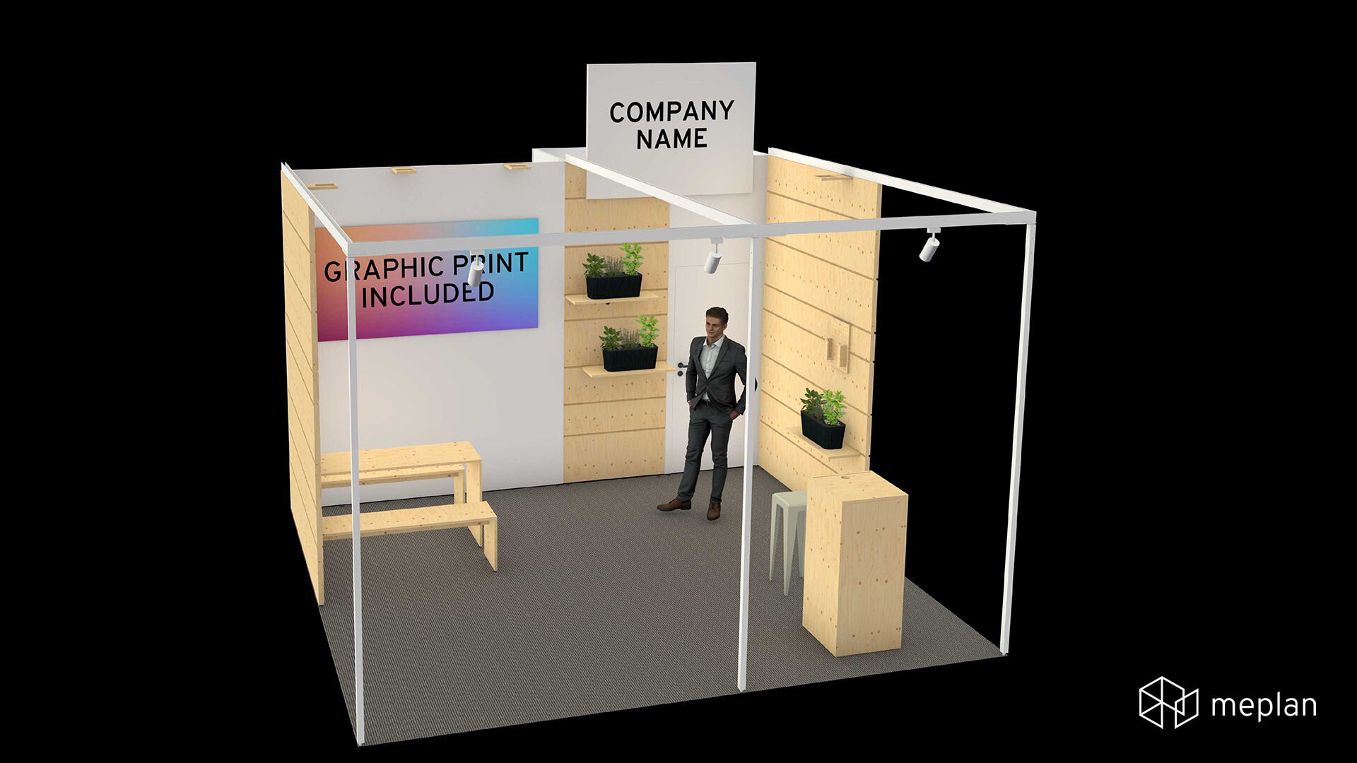 3D Ansicht eines Messestands mit Holzpaneelen, einer Bank, Pflanzen, Firmenlogo und einer bedruckten Rückwand.