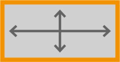 Graues Kästchen mit einem Kreuz aus vier Pfeilen mit vier Spitzen in jede Himmelsrichtung, darum herum ein orangener Rand.