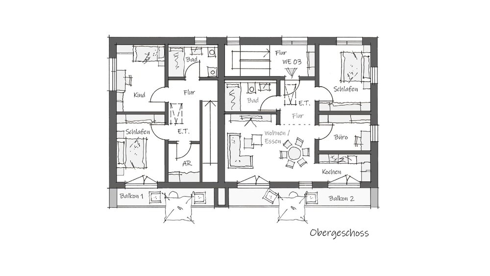 Gezeichneter Grundriss eines Obergeschosses mit zwei separaten Wohnbereichen, mit beschrifteten Räumen und zwei Balkonen.