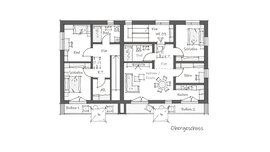 Gezeichneter Grundriss eines Obergeschosses mit zwei separaten Wohnbereichen, mit beschrifteten Räumen und zwei Balkonen.