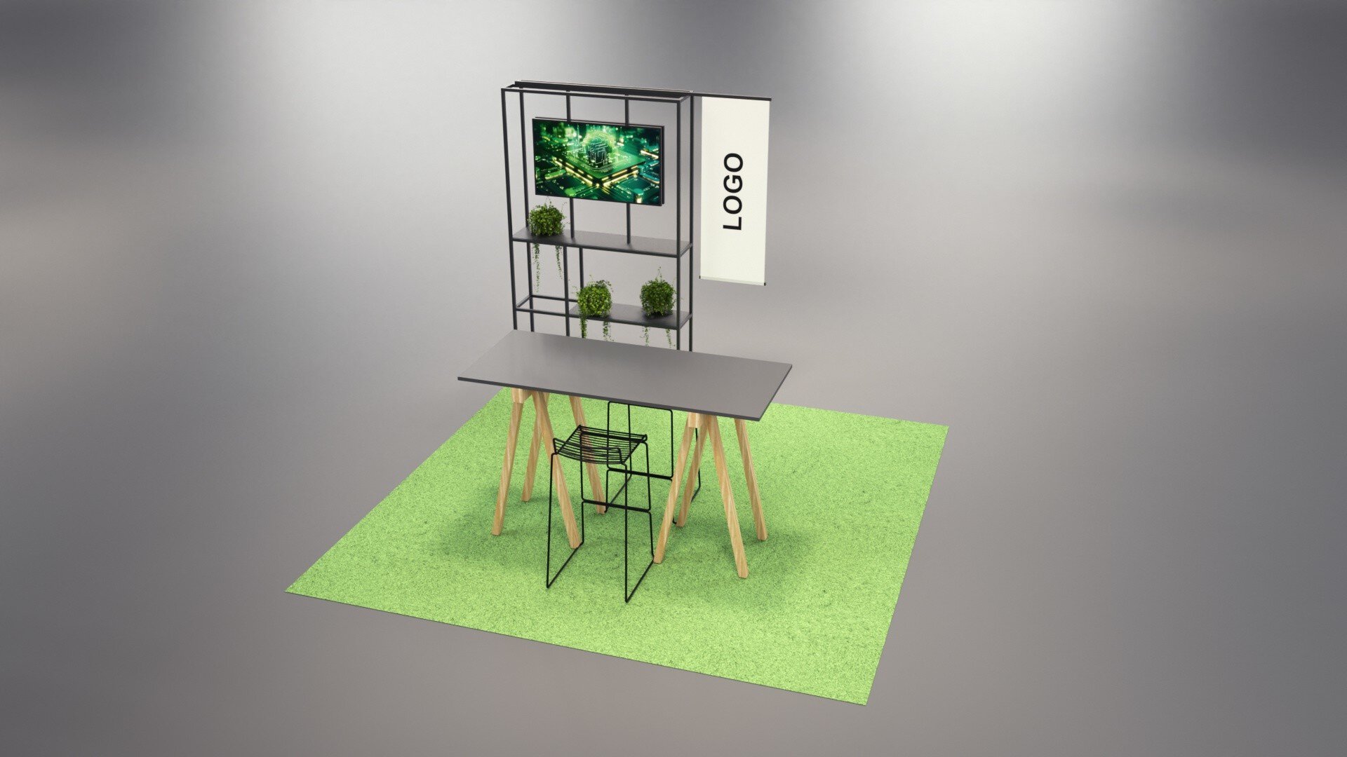 electronica edge lab LIVE exhibition booth featuring wooden structures, greenery, and modular presentation areas.