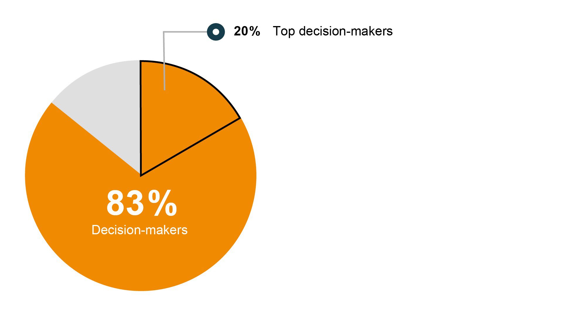 Pie chart showing 83 % of the decision-makers in orange and 20 % of the top decision-makers in a smaller section.