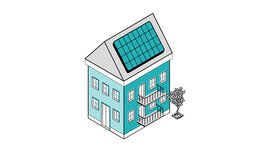 Grafik eines zweistöckigen blauen Hauses mit einer Solaranlage auf dem Dach. Daneben steht ein kleiner Baum.