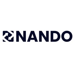 Wordmark ‘NANDO’ in dark lettering on a white background, accompanied on the left by a square icon featuring arrow shapes