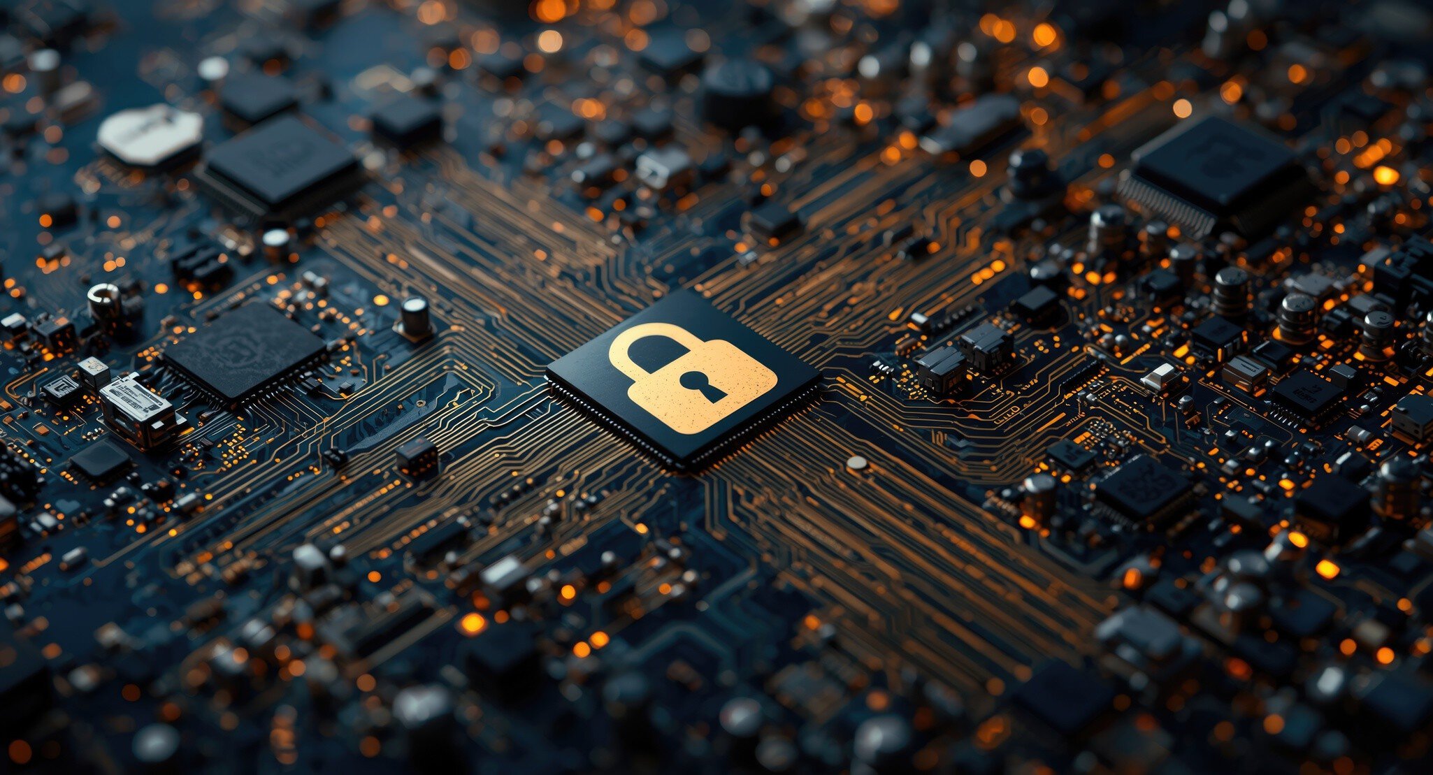 Eine detaillierte Nahaufnahme einer dunklen Computerplatine (Mainboard). Im Zentrum der Platine befindet sich ein quadratischer Mikrochip, auf dem ein golden leuchtendes Vorhängeschloss-Symbol abgebildet ist. Von diesem Chip gehen zahlreiche feine, kupfer- und goldfarbene Leiterbahnen aus, die sich über die gesamte Oberfläche zu anderen elektronischen Bauteilen verzweigen. Das Bild symbolisiert Datensicherheit auf Hardware-Ebene.