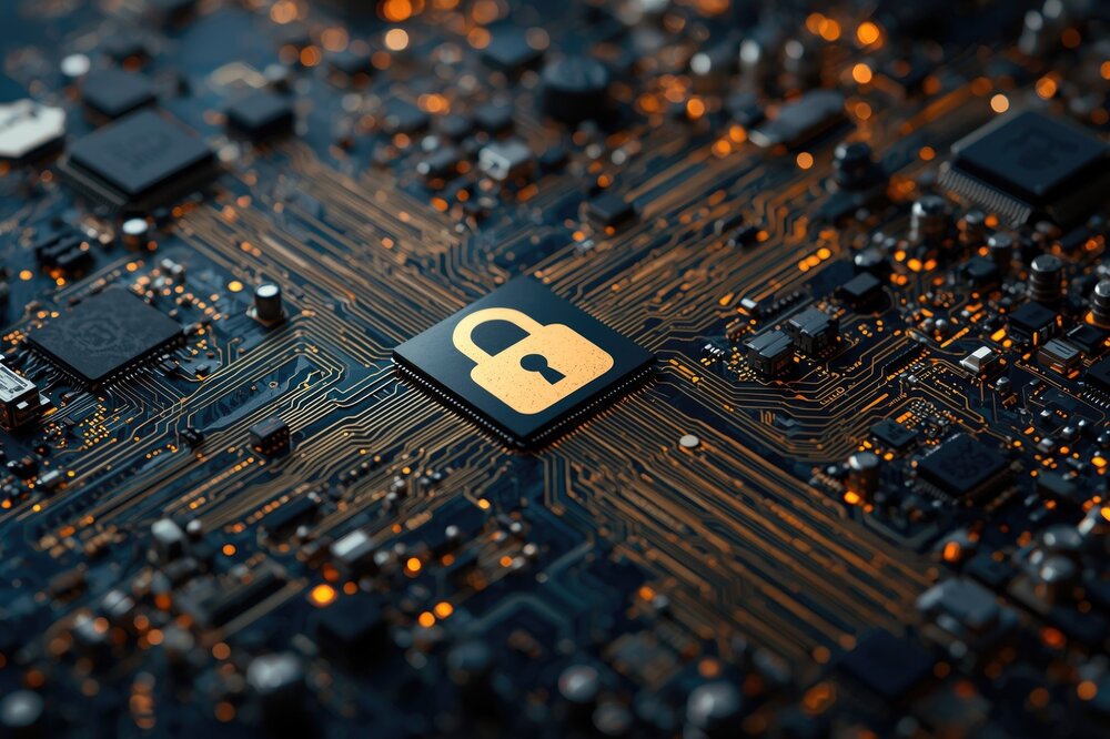 A detailed close-up shot of a dark computer circuit board (motherboard). At the center of the board is a square microchip featuring a golden, glowing padlock icon. Numerous fine copper- and gold-colored circuit paths radiate outward from this central chip, branching across the surface to connect with other electronic components. The image symbolizes hardware-level data security and encryption.