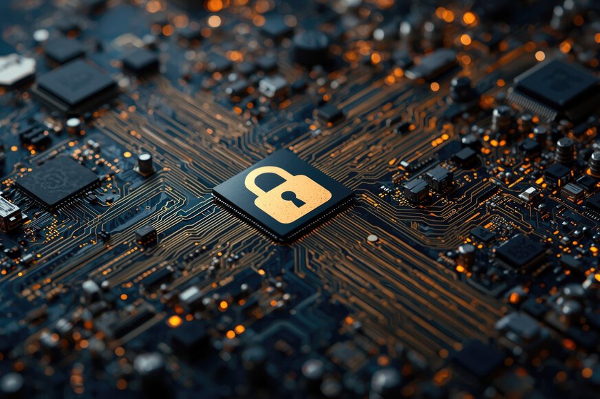 A detailed close-up shot of a dark computer circuit board (motherboard). At the center of the board is a square microchip featuring a golden, glowing padlock icon. Numerous fine copper- and gold-colored circuit paths radiate outward from this central chip, branching across the surface to connect with other electronic components. The image symbolizes hardware-level data security and encryption.