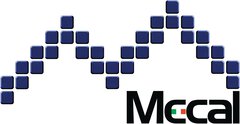 The Mecal logo in black lettering with several blue squares above it forming an “M” and a small Italian flag in the “e”.