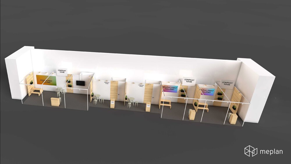 3D Ansicht mehrerer Messestände in 3 verschiedenen Größen, entlang einer Rückwand.
