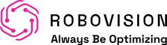 Robovision-Logo mit einem rosa Schaltkreisdesign und den Worten „Always Be Optimizing“ darunter.