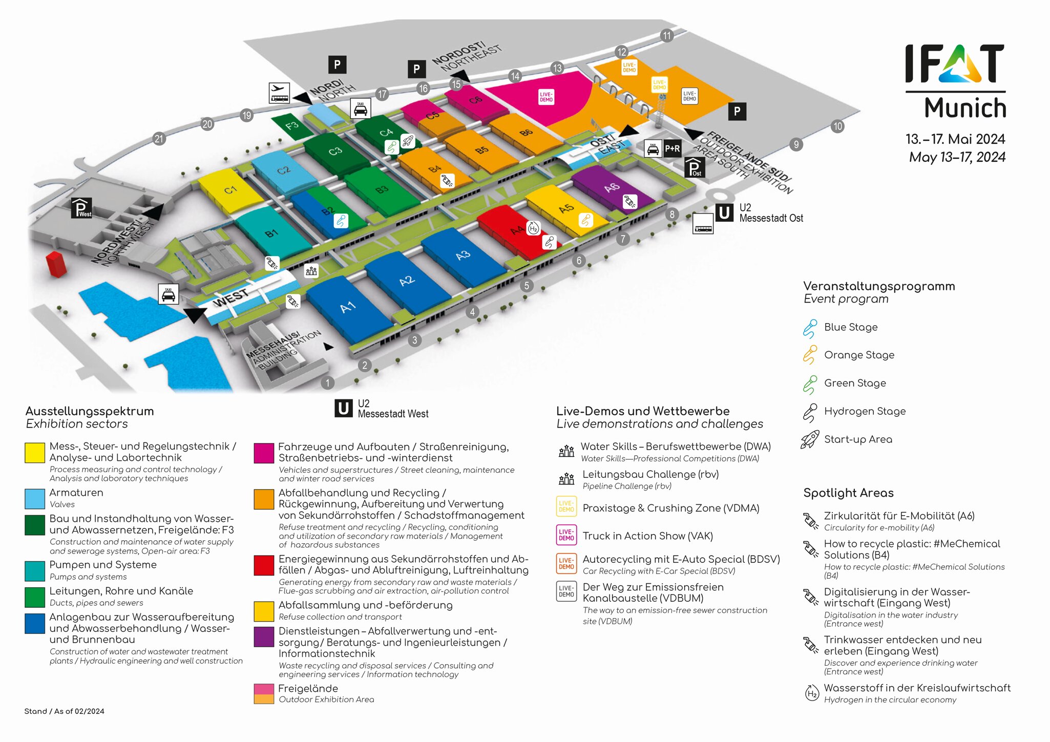 Exhibition map of IFAT Munich 2024 with labeled halls and details of the event program.