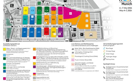 Hallenplan der IFAT Munich 2026 mit beschrifteten Hallen und Details zum Veranstaltungsprogramm.