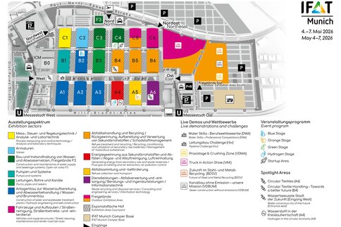 Hall plan of IFAT Munich 2026 with labeled halls and details of the event program.