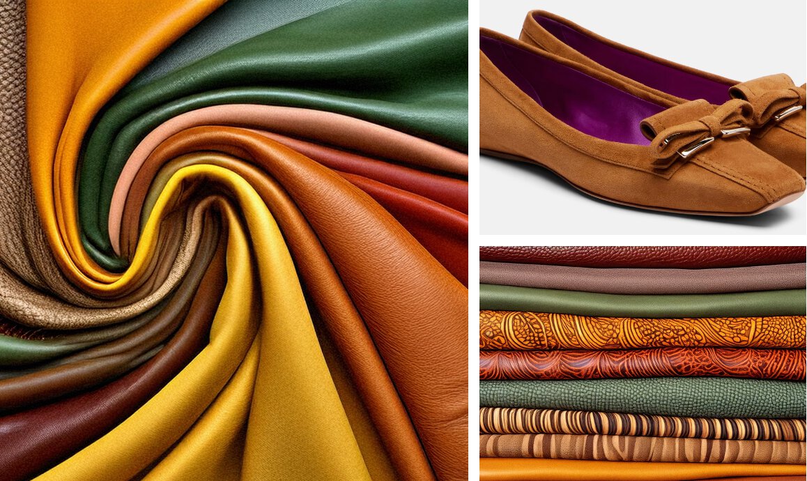 Eine Fotocollage aus drei Bildern: Ein Wirbel aus unterschiedlichen Lederarten, ein paar Lederschuhe und ein Stapel gemustertes Leder.