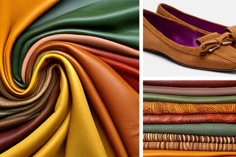Eine Fotocollage aus drei Bildern: Ein Wirbel aus unterschiedlichen Lederarten, ein paar Lederschuhe und ein Stapel gemustertes Leder.