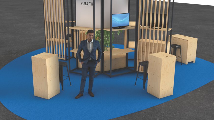 Rendered view of a free-standing exhibition stand with furniture, seating and placeholders for logos and graphics.
