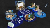 3D-Visualisierung der IFAT Spotlight Area Wasserstoff: Messefläche mit Bühne, Besucherbestuhlung, interaktiven Exponaten und nachhaltigen Gestaltungselementen