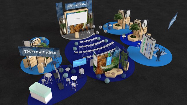 3D-Visualisierung der IFAT Spotlight Area Wasserstoff: Messefläche mit Bühne, Besucherbestuhlung, interaktiven Exponaten und nachhaltigen Gestaltungselementen