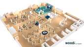 3D model of exhibition areas for start-ups, networking, a science area and a welcome zone.