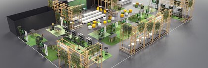 electronica edge lab LIVE exhibition booth featuring wooden structures, greenery, and modular presentation areas.