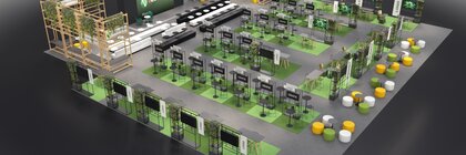 electronica edge lab LIVE exhibition booth featuring wooden structures, greenery, and modular presentation areas.