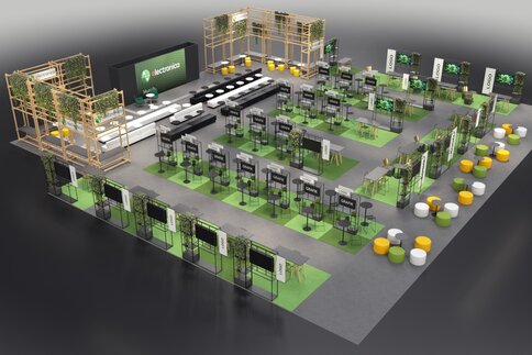 edge lab LIVE Messestand der electronica mit Holzdesign, Begrünung und modularen Präsentationsflächen.