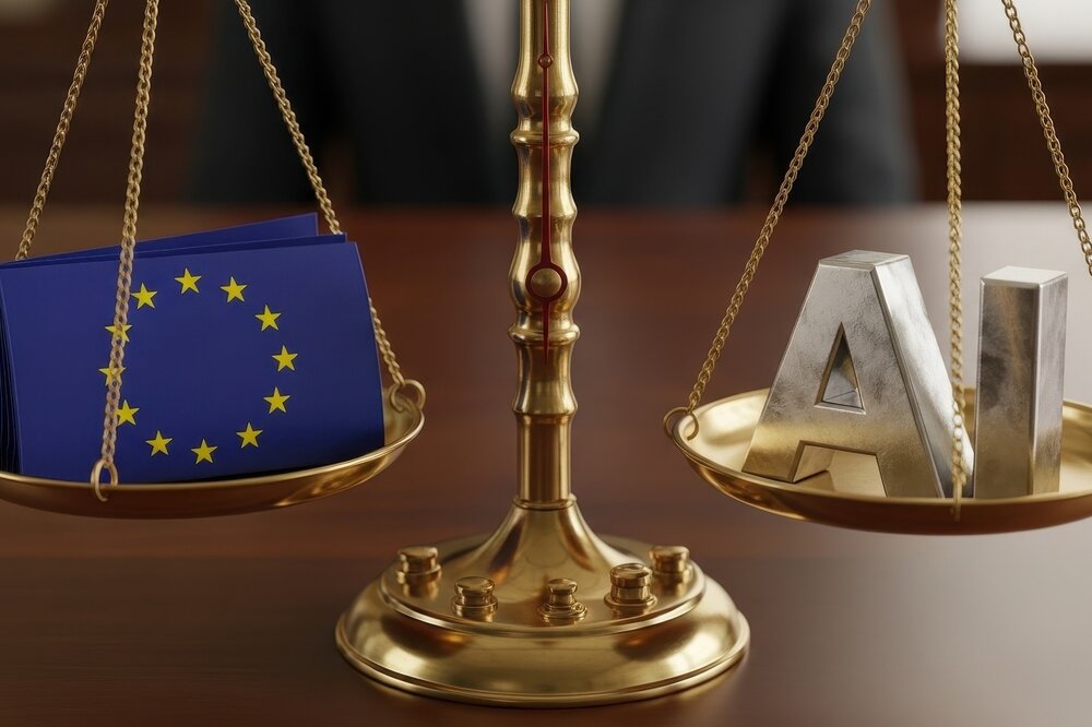 A golden balance scale displays EU flags on one side and metallic “AI” letters on the other. The image symbolizes the regulation and legal balance of artificial intelligence within the European Union.