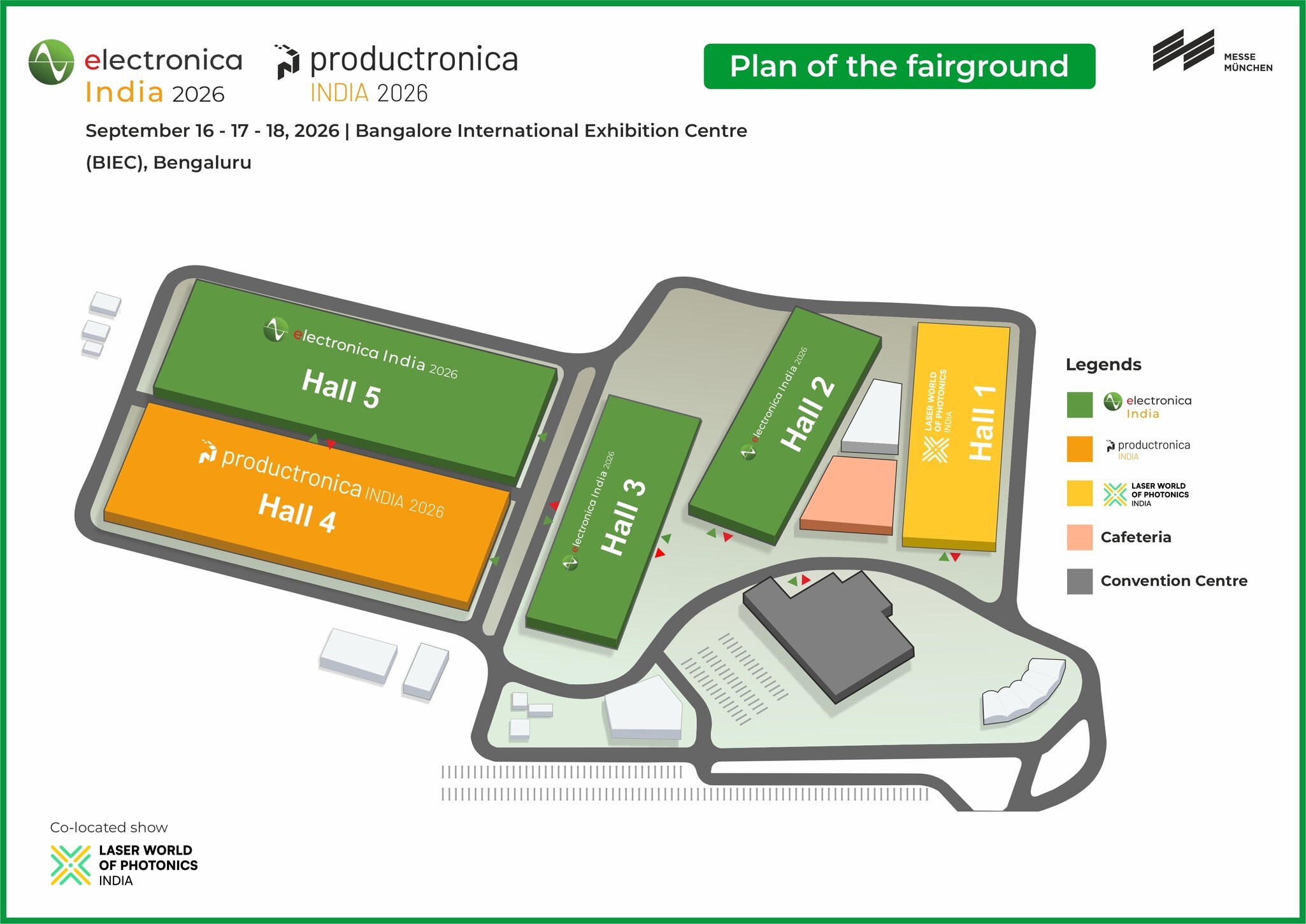 Fairground map of electronica India, productronica India und Laser World of Photonics India 2026 showing halls, paths, cafeteria and convention centre in Bengaluru.