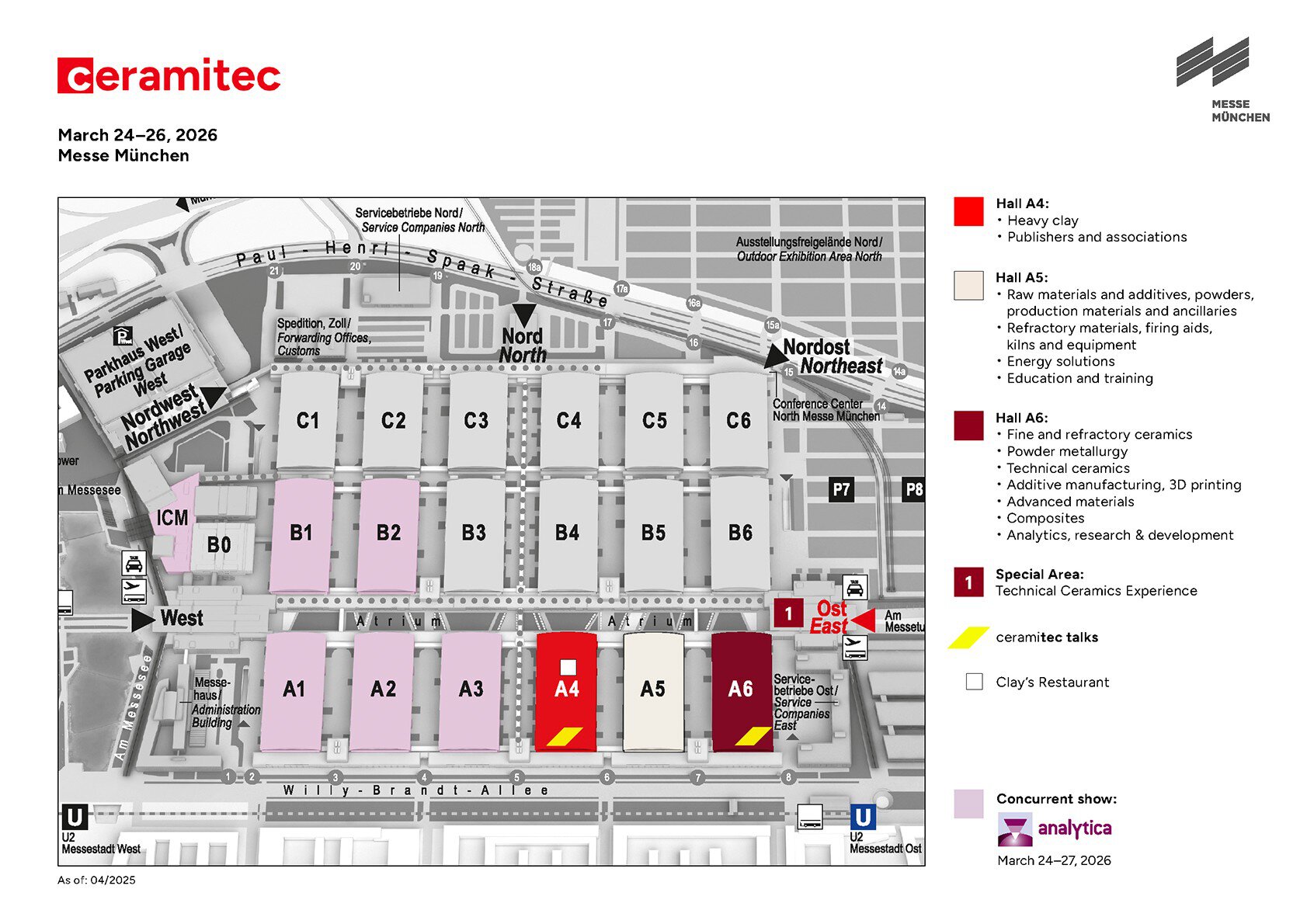 Karte des Veranstaltungsortes ceramitec 2026 auf der Messe München mit farbigen Hallenabschnitten und Legende mit Veranstaltungsdetails.