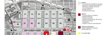 Map of the ceramitec 2026 venue at Messe München with colored hall sections and legend with event details.