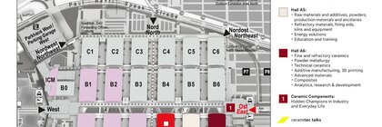 Map of the ceramitec 2026 venue at Messe München with colored hall sections and legend with event details.