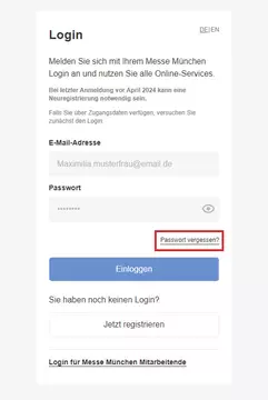 Grafik der Login-Maske im Ausstellershop. Der Button „Passwort vergessen?“ ist rot umrandet.