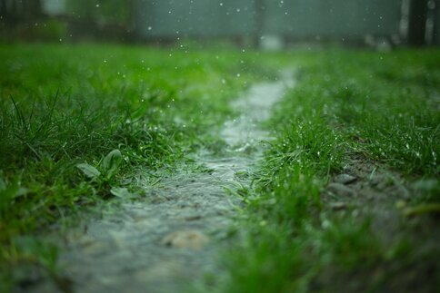 Nahaufnahme von starkem Regen, der einen schmalen Wasserlauf durch eine grasbewachsene Fläche bildet, Hintergrund unscharf.