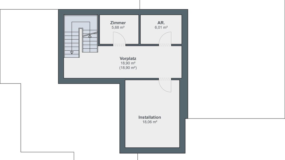 Grundriss mit Treppenaufgang, zwei Räumen mit der Beschriftung 