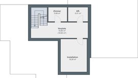 Grundriss mit Treppenaufgang, zwei Räumen mit der Beschriftung 