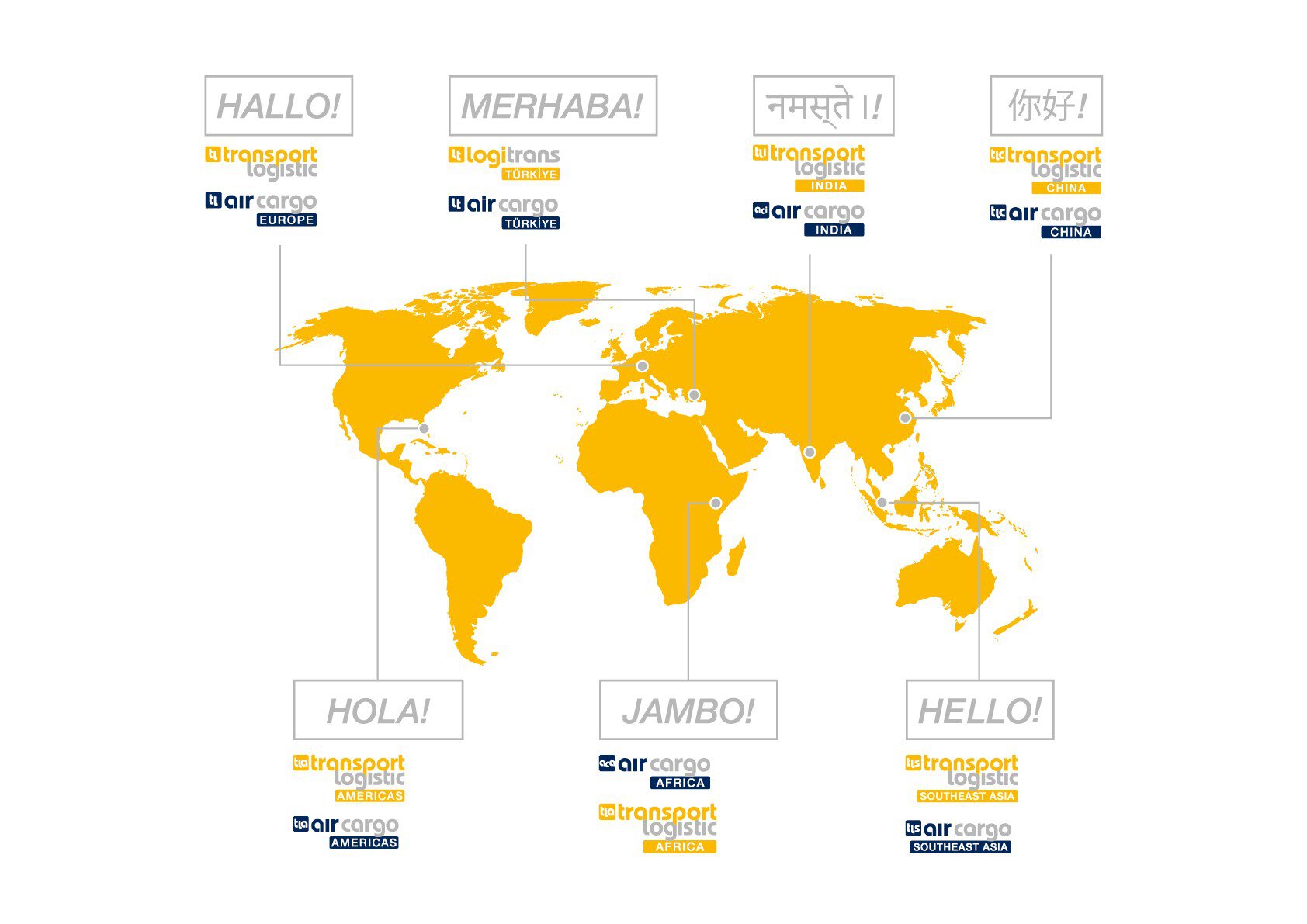 World map with multilingual greetings shows event locations of transport logistic and air cargo in Europe, Turkey, India, China, America, Africa and Southeast Asia.