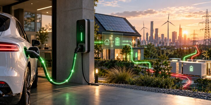 Electric vehicle at a bidirectional charging station with energy flowing between the vehicle, home, battery storage, solar panels, and power grid.