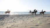 Vier Menschen reiten auf Pferden entlang eines Sandstrandes mit dem Meer und den Bergen im Hintergrund.