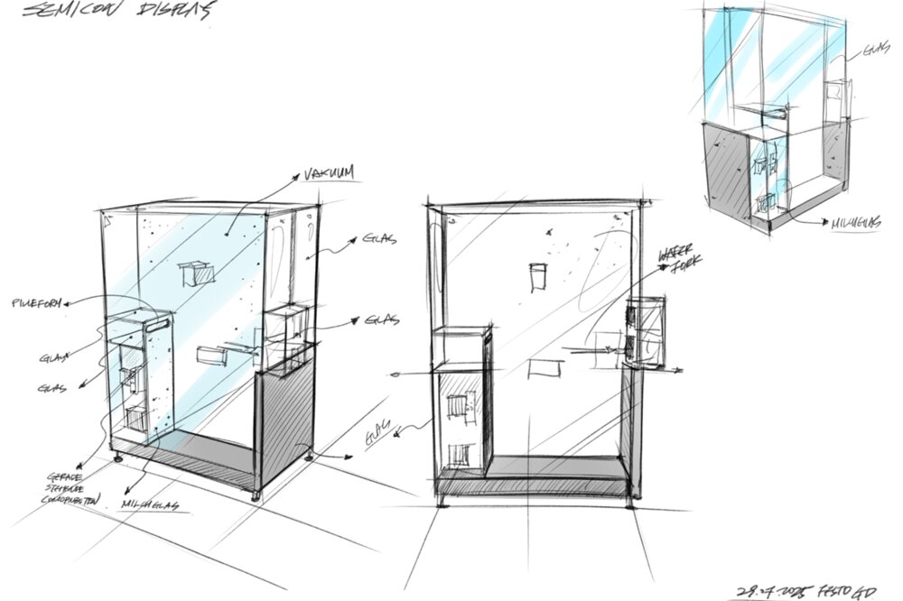 Sketch of a semiconductor display case with glass and frosted panels, platform, and wafer fork